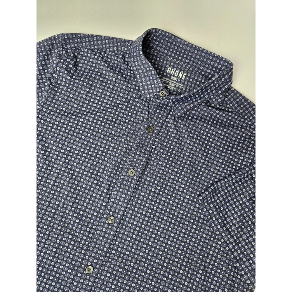 Rhone Men's Short Sleeve Button Up Geometric Print Shirt Blue Medium
